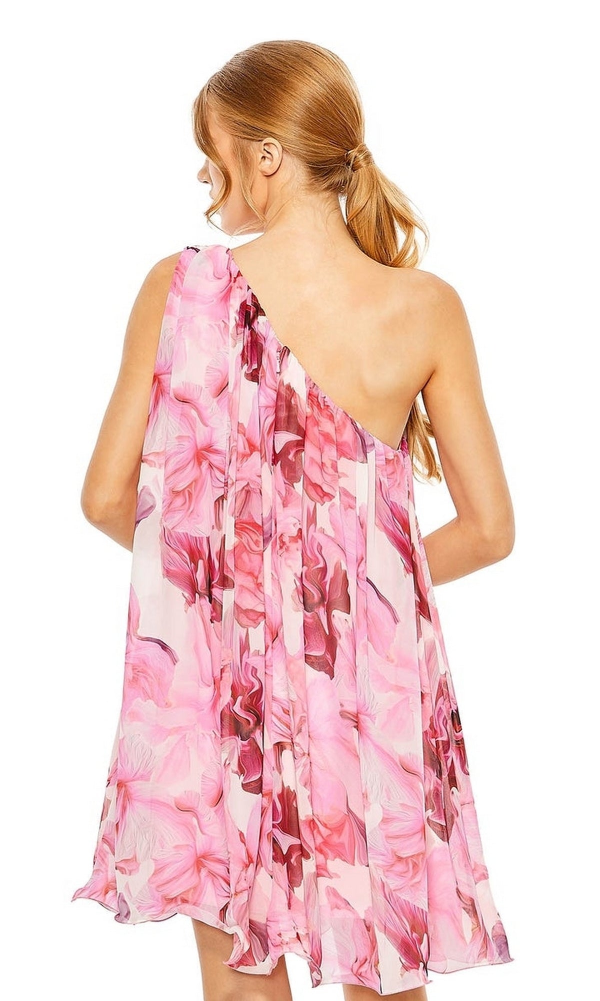 A woman with light brown hair in a ponytail wears the Mac Duggal 55875 Short Pink Print Hoco Dress, shown from the back against a white background.